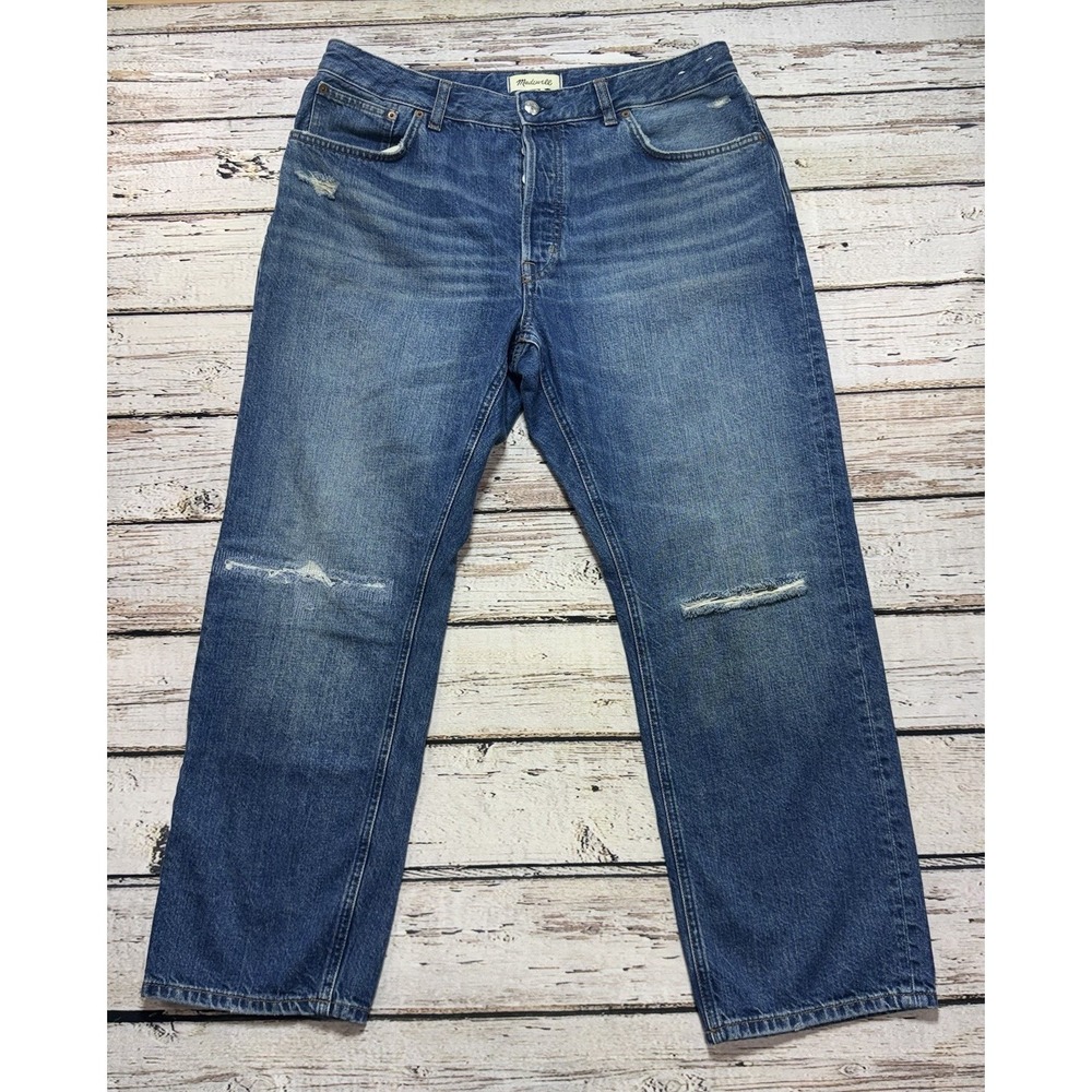 Madewell The Curvy Dean Easy Straight Jeans Blue Distressed Button Fly 30